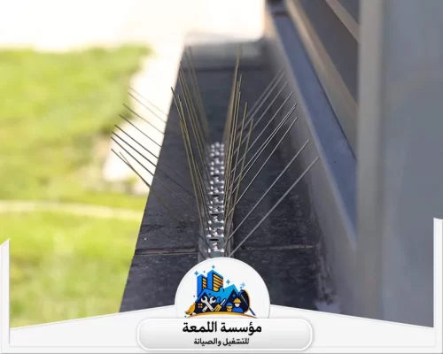 تركيب شبك طارد الحمام 0502971730 اللمعة مسامير معدنية مصفوفة على حافة درابزين خارجي لطرد الطيور، مع خلفية من العشب وواجهة مبنى.