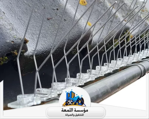 اشواك طرد حمام بالرياض 0502971730 اللمعة أشواك معدنية مثبتة على قاعدة بلاستيكية شفافة فوق حافة سطح، مصممة بدقة لمنع وقوف الطيور